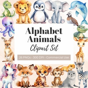 Alphabet Animals Clipart, Watercolor, Animals for Kids, Design Elements, Flashcards Clipart, Classroom Decor, Reading, Educational PNG
