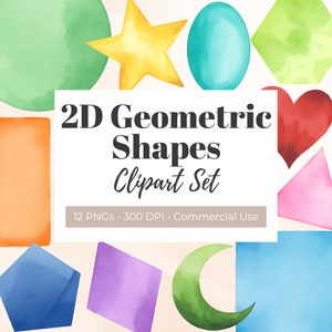 2D Geometrische Formen Clipart, Aquarell, 2D Formen für Kinder, Design-Elemente, Flashcards Clipart, Klassenzimmer Dekor, Geometrie, PNG