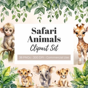 Safari Animals Clipart, Watercolor Clipart, Cute Baby Animals, Baby Shower Graphics, Safari Birthday, Jungle Scene Clip Art, Greenery PNG