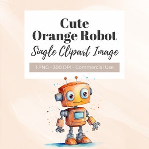 Clipart de robô fofo, clipart de aquarela, clipart infantil, clipart mecânico, PNG de ciência, robô laranja, clipart STEM, brinquedos infantis, PNG de festa