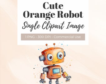 Pomarańczowy robot, akwarelowy klipart, nauka, mechanika, STEM (pobranie cyfrowe)