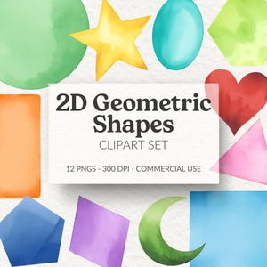 2D Geometric Shapes Clipart, Watercolor, 2D Shapes for Kids, Design Elements, Flashcards Clipart, Classroom Decor, Geometry, Educational PNG