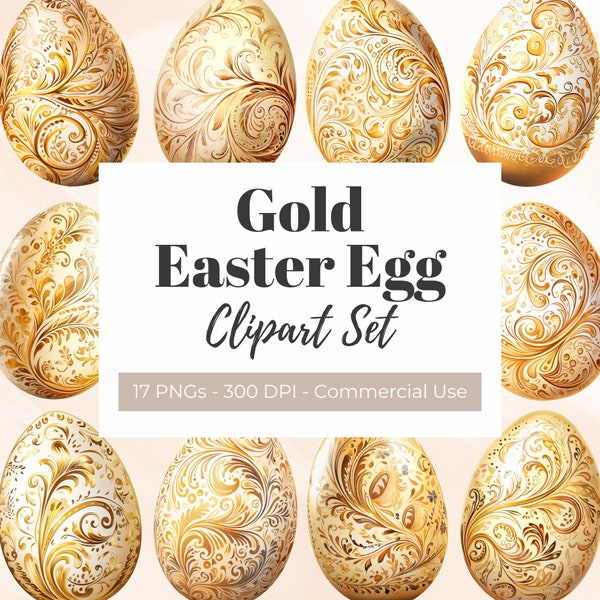 Gold Easter Egg Clipart, Watercolor Clipart, Golden Easter Egg, Easter Card, Invitation, Decorative Easter Egg, Ornate Easter Egg Graphics