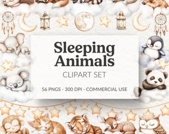 Sleeping Animals Clipart: Neutral Watercolor Nursery Art (Digital Download)