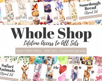 Könnte beinhalten: Eine Collage aus Aquarell-Illustrationen mit verschiedenen Clipart-Sets, darunter Safari-Tiere, Sauerteigbrot und eine Gitarre. Der Text "Whole Shop" wird in großen, fetten Buchstaben angezeigt, mit dem Slogan "Lebenslanger Zugriff auf alle Sets". Der Text "Über 1000 PNGs - 300 DPI - Kommerzielle Nutzung" ist ebenfalls enthalten.