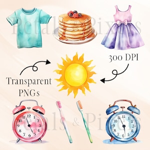 kids routine activities clipart set, shirt, dress, pancakes, sun, toothbrushes, alarm clock