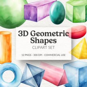 3D geometrische vormen clipart, aquarel, 3D-vormen voor kinderen, ontwerpelementen, flashcards clipart, klasdecor, meetkunde, educatieve png