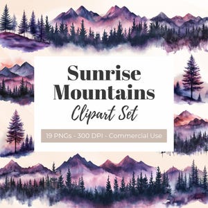 Lever du soleil montagnes Clipart aquarelle paysage graphique pin montagne faire-part de mariage numérique Shower de bébé PNG Image automne montagne