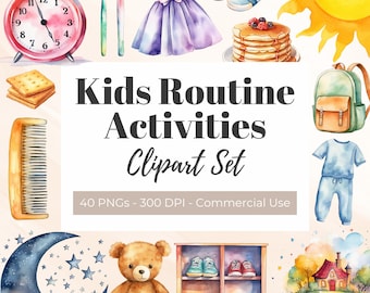 Kids Routine Clipart, Visual Schedule Pictures for Kids, Activities, Morning, Bedtime, Watercolor Graphics, Digital Download, Commercial Use