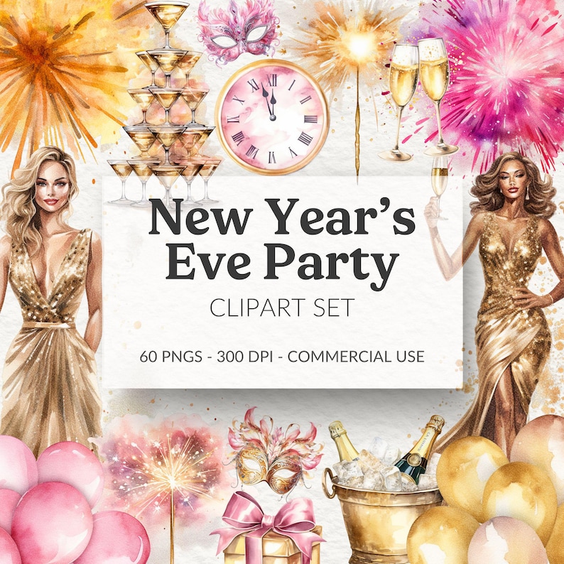 Watercolor New Year's Eve Clipart Set (PNG, 300 DPI, Commercial Use) - Etsy
