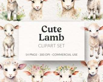 Watercolor Lamb Clipart Set, Baby Sheep Graphics (Digital Download