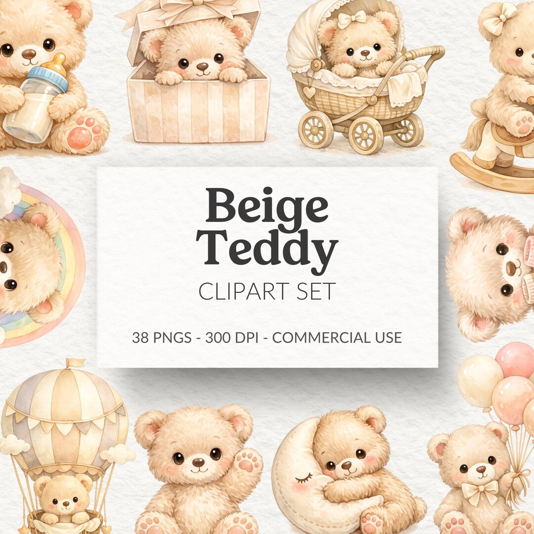 Beige Teddy Bear Clipart Set: Watercolor Nursery Graphics, Baby Shower ...