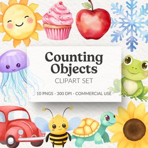 Counting Objects Clipart, Watercolor, Numbers for Kids, Design Elements, Flashcards Clipart, Classroom Decor, Counting, Educational PNG