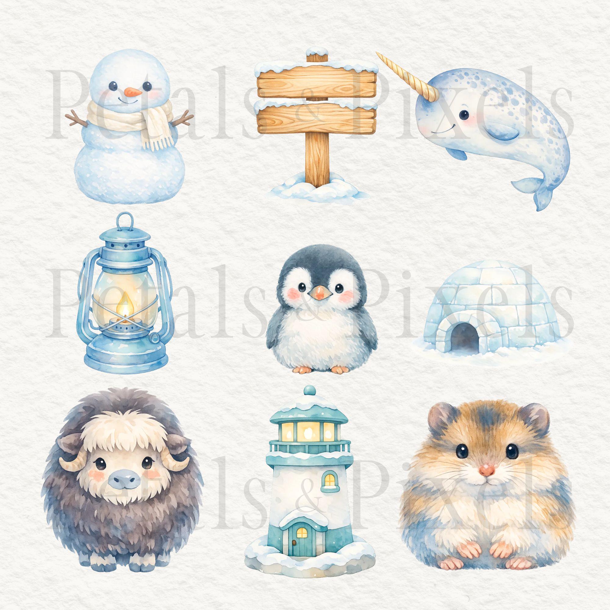 Arctic Animals Clipart Set Cute Wildlife Animal Graphics Watercolor ...