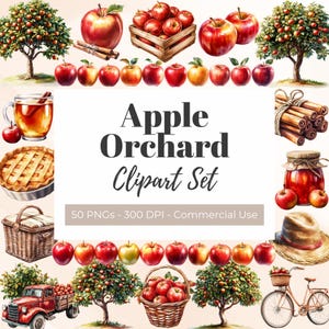 Huerto de manzanas Clipart Acuarela Otoño Cosecha de manzanas Gráficos temáticos Barril de manzana roja Imagen de recolección de manzanas de otoño Pastel de manzana con canela PNG