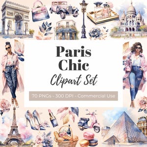 Clipart Paris chic, clipart aquarelle, clipart Français, graphiques de mode fille Français, tour Eiffel, clipart Paris romantique, rêve, PNG