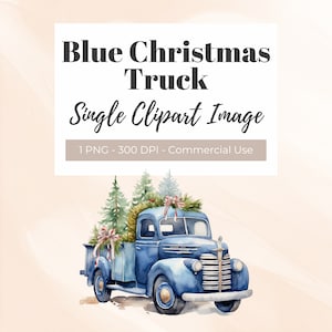 May include: A blue vintage pickup truck with a white bed, carrying a Christmas tree and red and white ribbon. The truck has a chrome bumper and headlights.