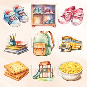 kids routine activities clipart set, shoes, books, backpack, school bus, macaroni and cheese bowl, graham crackers, playground