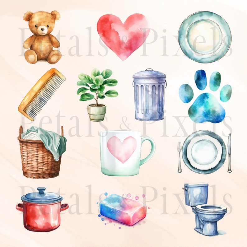 kids routine activities clipart set, teddy bear, heart, plate, comb, plant, trash, paw print, hamper, mug, pot, soap, toilet