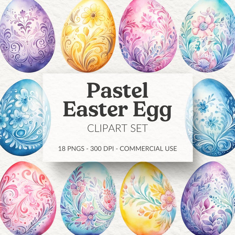 Watercolor Pastel Easter Egg Clipart Set, Spring Graphics (digital