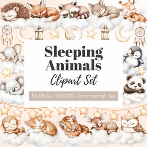 Clipart animali addormentati neutri vivaio acquerello download digitale baby shower bosco clipart animali carini boho che dormono sulle nuvole PNG