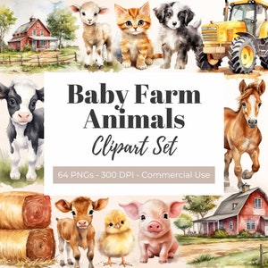 Baby Bauernhof Tiere Clipart, Aquarell Clipart, Baby-Dusche, Geburtstag Grafiken, Bauernhof Szene Clip Art, Kuh, Pferd, Schwein, Küken, Katze, Hund, Schaf