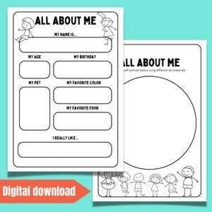 以下が含まれることがあります： 子供たちが自分について記入するための印刷可能なワークシート。ワークシートには、名前、年齢、誕生日、好きな色、好きな食べ物、ペット、好きなものなどのセクションがあります。ワークシートには、自画像を描くためのスペースもあります。