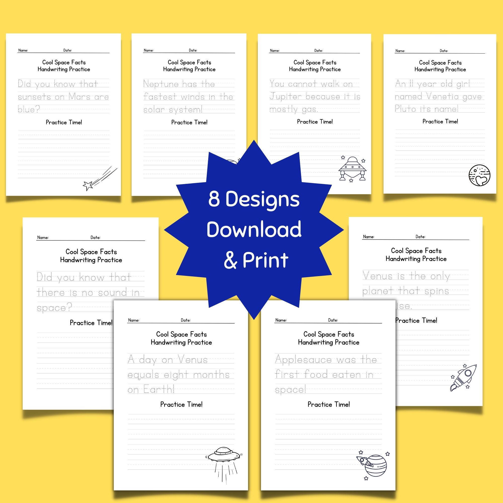 8 Pages Kids Fun Space Facts Handwriting Practice Worksheets - Etsy