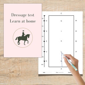 Könnte beinhalten: Ein Diagramm einer Dressur-Reithalle mit Buchstaben, die die verschiedenen Punkte der Halle markieren. Das Diagramm zeigt die verschiedenen Gangarten Schritt, Trab und Galopp. Der Text "Dressage test Learn at home" befindet sich oben im Diagramm.