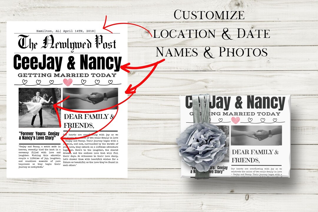 Personalized Newlywed Newspaper Gift Wrap, Custom Wedding Newspaper ...