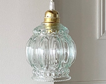 Vintage molded glass pendant light, water green globe, vintage ceiling light, 70s light fixture