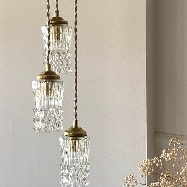 Waterval hanglamp 3 vintage tulpen gegoten glas, vintage plafondlamp, diamanten puntlamp, jaren '70