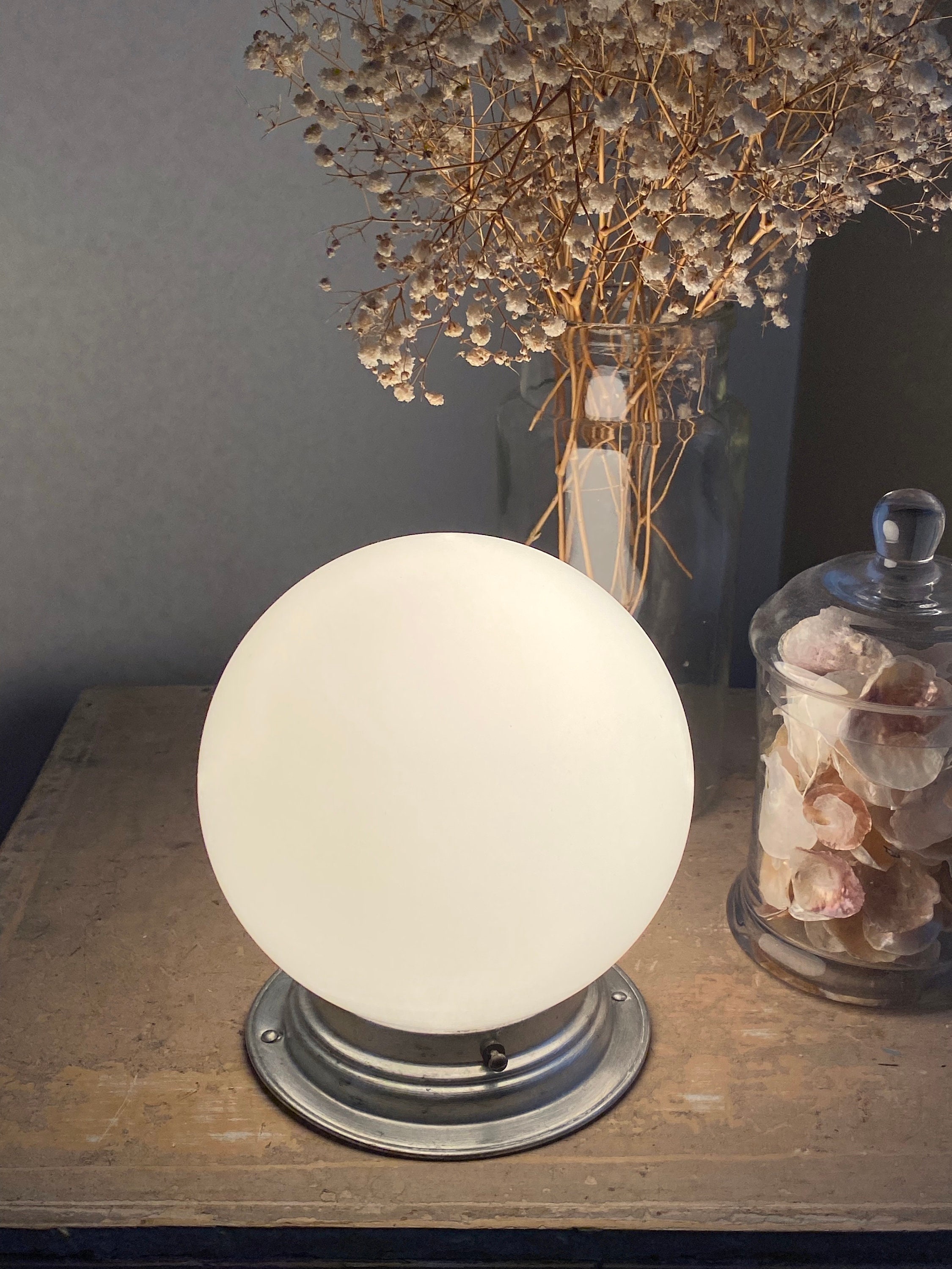 Globe Abat-jour En Opaline Verre Dépoli Blanc à Motif Fleurs - Vintage E27