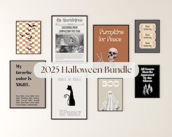 May include: A collection of framed Halloween-themed art prints. The prints feature various designs, including bats, a newspaper, a skull, tickets, a ghost, and text that reads "My favorite color is NIGHT" and "BOO". The bundle is titled "2025 Halloween Bundle".
