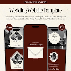 Burgundy Vintage Old Money Wedding Website Template, Canva Digital Invitation with Interactive Google RSVP form, Swan Lace Pearl Theme