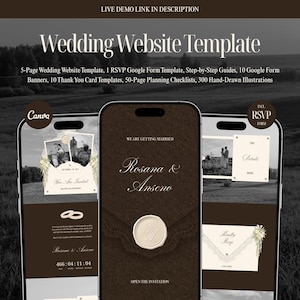 Canva trouwwebsite-sjabloon met RSVP-formulier, bruin-ivoorkleurige digitale uitnodigingsset, interactieve uitnodigingssite, ontwerp met kant, bloemen en parels.