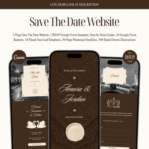 Vintage-Vorlage für eine Save-the-Date-Website, digitale Hochzeitseinladung in Braun, elfenbeinfarbene Canva-Einladung, Antwortformular, Planungs-Checkliste, Dankeskarte