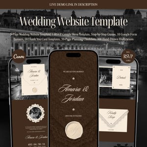 Vintage trouwwebsite-template, bruin-ivoorkleurige digitale uitnodiging van Canva met interactief RSVP-formulier, planningchecklist en bedankkaartje.