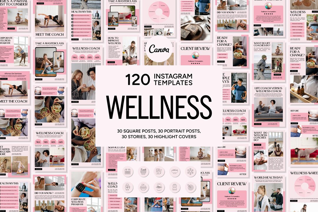 Wellness Instagram Templates for Canva: Social Media Posts (digital ...