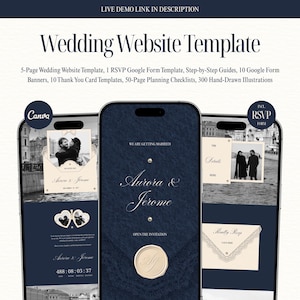 May include: A digital wedding website template featuring a 5-page layout, RSVP Google Form, step-by-step guides, 10 Google Form banners, 10 thank you card templates, 50-page planning checklists, and 300 hand-drawn illustrations in navy and cream.