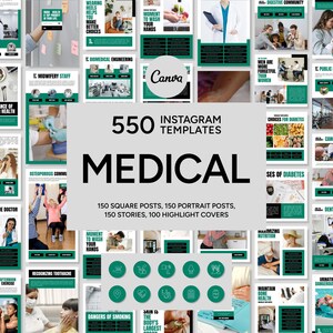 以下が含まれることがあります： 医療をテーマにした550個のInstagramテンプレートのコレクション。正方形の投稿、ポートレート投稿、ストーリー、ハイライトカバーが含まれています。テンプレートは、ターコイズと白の配色で、「Medical」や「Canva」などのテキストが含まれています。