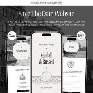 Puede incluir: Tres pantallas de smartphone que muestran una plantilla de sitio web Save The Date. Las pantallas muestran texto que incluye Save the Date, Kendall & Russell, We Are Getting Married y Details, con encaje y sellos de cera.