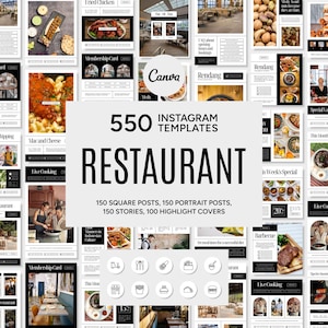 May include: A promotional image for 550 Instagram templates for restaurants. The templates include square posts, portrait posts, stories, and highlight covers. The word "Restaurant" is in large, bold text. Various food images are displayed.