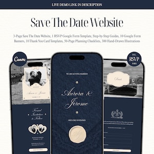 May include: A digital Save The Date website template set featuring three smartphone screens displaying wedding invitation designs with navy blue backgrounds, cream accents, and text including Save The Date Website, Aurora & Jerome, and RSVP Form.