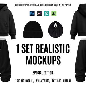 Puede incluir: Un conjunto negro de sudadera con cremallera, pantalones de chándal, bolso tote y gorro. La sudadera con capucha y los pantalones de chándal se muestran en vistas frontal y trasera. También es visible el texto "1 SET REALISTIC MOCKUPS".