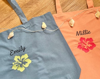 Personalised name Hibiscus embroidered beach tote bag | Beach tote bag | Embroidered summer tote bag