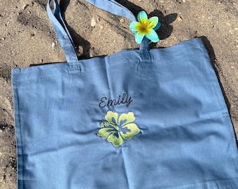 Personalisierte Name Hibiskus bestickte Strandtasche | Strandtasche | Bestickte Sommer Tasche
