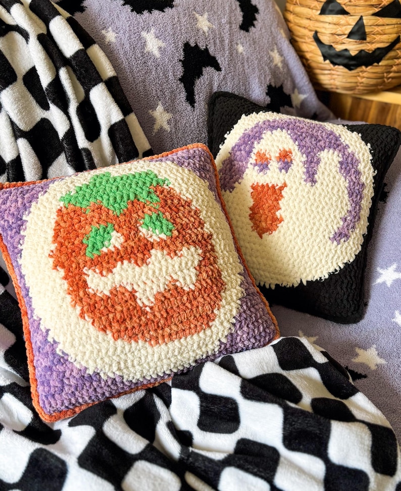 Crochet Halloween Sugar Cookie Throw Pillows Pumpkin