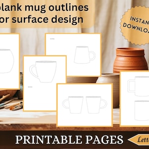 Puede incluir: Plantillas de taza en blanco imprimibles para el diseño de superficies. La imagen muestra seis formas de taza diferentes, incluyendo una taza redonda, una taza alta y una taza baja. Los contornos están impresos en papel blanco y están listos para ser utilizados para el diseño de tazas.
