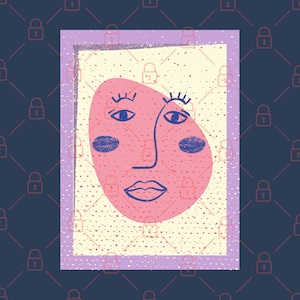 May include: A digital illustration of a stylized face with pink skin, blue eyes, and a blue mouth. The face is surrounded by a light yellow background with a purple frame.